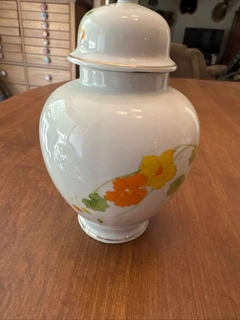 Porcelain Floral Ginger Jar in White with Orange and Green Accents